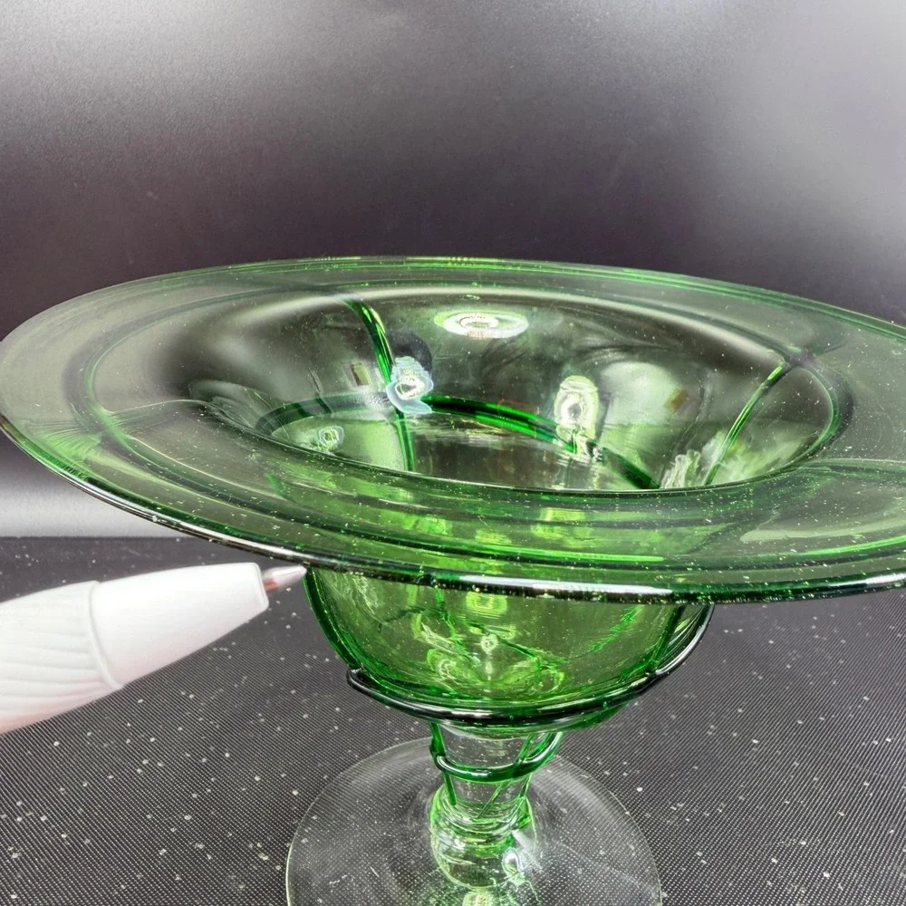 Aromatique Green Swirl Glass Bowl Mouth Blown 6x8 Made in USA Footed Centerpiece